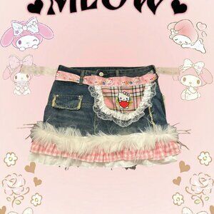 Mini denim skirt with fur trim, Hello Kitty patch, and pink plaid lining